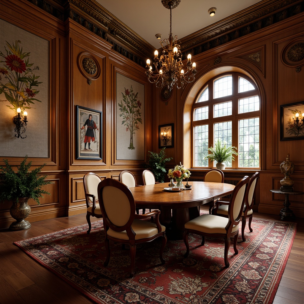 Prompt: Luxurious dining room, ornate wooden furniture, curved lines, organic shapes, floral patterns, velvet upholstery, bronze metalwork, stained glass windows, rich wood tones, intricate carvings, sinuous chair legs, rounded table edges, soft warm lighting, dramatic chandelier, 3/4 composition, shallow depth of field, realistic textures, ambient occlusion.