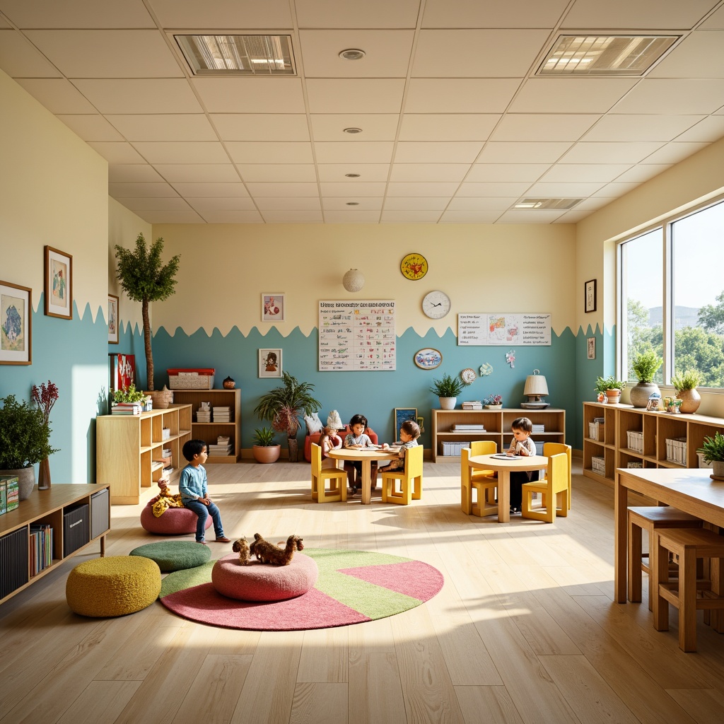 Prompt: Vibrant kindergarten classroom, playful learning environment, warm beige walls, soft pastel colors, calming blue accents, stimulating yellow furniture, engaging green decorations, cozy reading nooks, natural wood textures, colorful rug patterns, creative art stations, imaginative play areas, inspirational quotes, educational wall decals, gentle overhead lighting, comfortable seating arrangements, harmonious color balance, 1/1 composition, shallow depth of field, realistic materials, ambient occlusion.