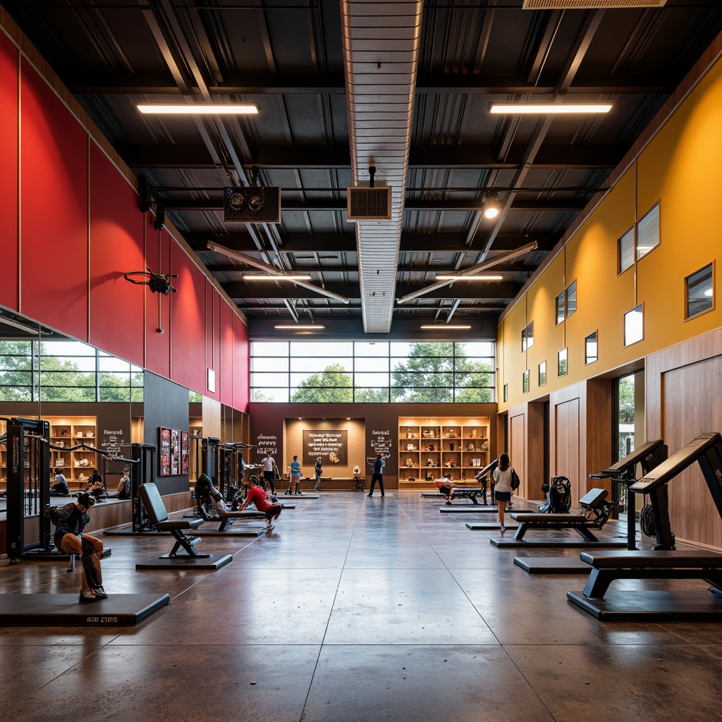 Prompt: Vibrant gymnasium interior, expressionist architecture style, bold color schemes, geometric patterns, dynamic lighting effects, suspended ceiling structures, exposed ductwork, polished concrete floors, angular lines, minimalist equipment stations, modern fitness machines, free weights, exercise mats, mirrored walls, motivational quotes, athletic trophy displays, natural wood accents, industrial metal beams, high ceilings, dramatic shadows, warm atmospheric glow, 1/1 composition, shallow depth of field, realistic textures.