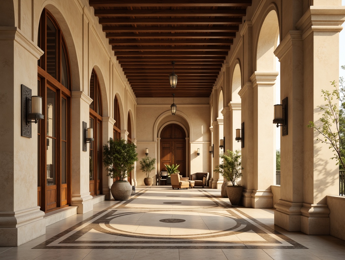 Prompt: Elegant interior space, ornate columns, classic arches, warm beige walls, rich wood accents, luxurious marble flooring, plush velvet furnishings, subtle ornamental patterns, soft golden lighting, Mediterranean-inspired color palette, tranquil ambiance, symmetrical composition, 1/2 format ratio, shallow depth of field, realistic textures, ambient occlusion.