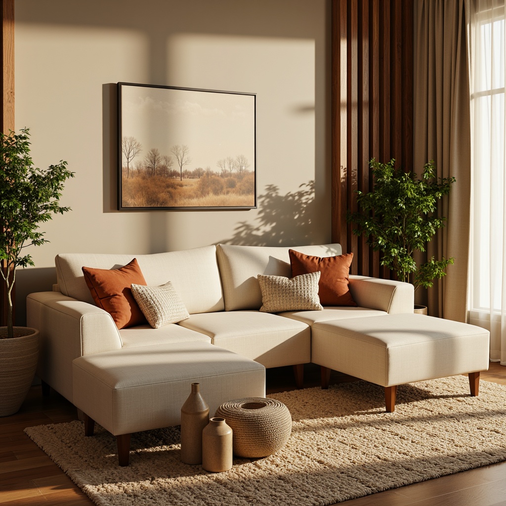 Prompt: Cozy living room, warm beige walls, plush cream-colored sofa, rich walnut wood accents, soft golden lighting, textured velvet throw pillows, natural fiber rugs, earthy terracotta vases, lush green potted plants, large windows, sheer white curtains, airy atmosphere, calming ambiance, 1/1 composition, warm color harmony, realistic textures, subtle shadows.