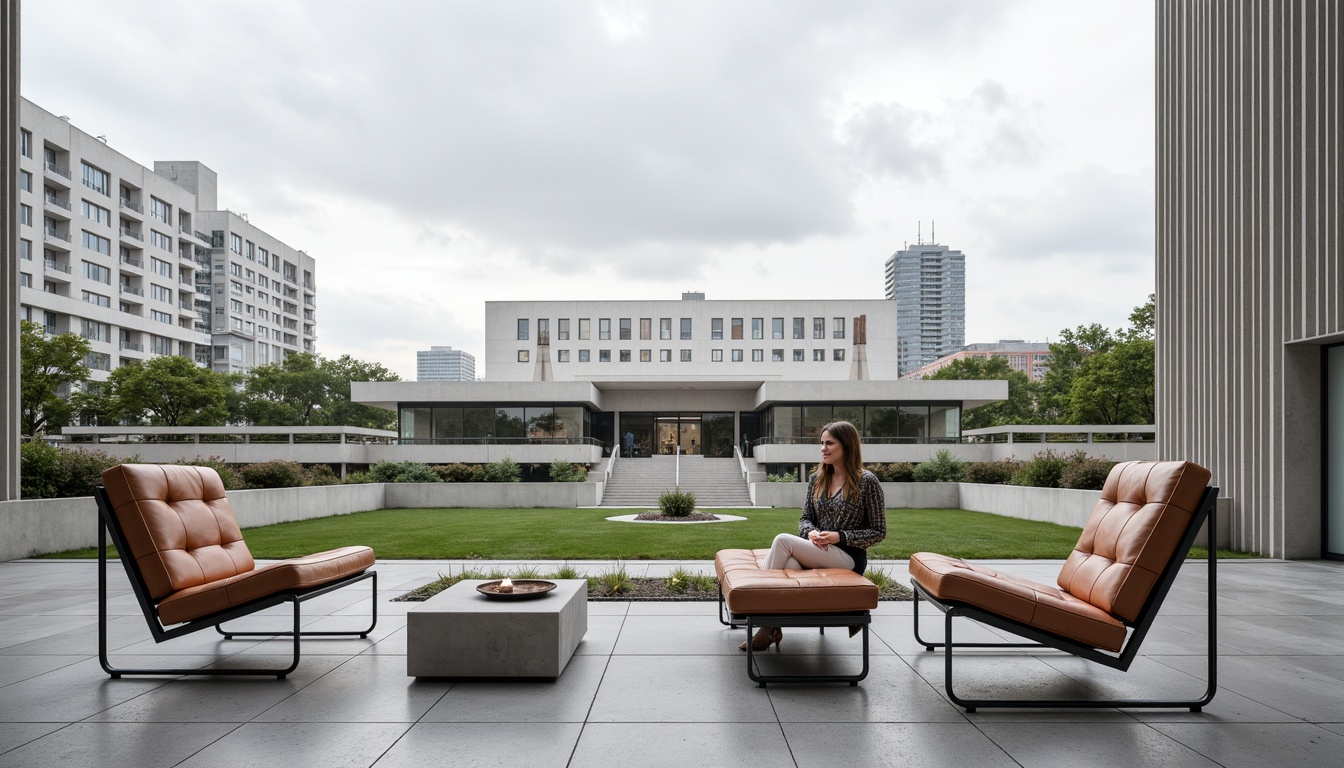 Prompt: Minimalist government building, functional furniture, tubular steel frames, leather upholstery, geometric shapes, primary color scheme, industrial materials, urban surroundings, modern cityscape, cloudy day, soft diffused lighting, shallow depth of field, 1/1 composition, frontal view, realistic textures, ambient occlusion, rectangular forms, clean lines, simplicity emphasis, functionalism inspiration.