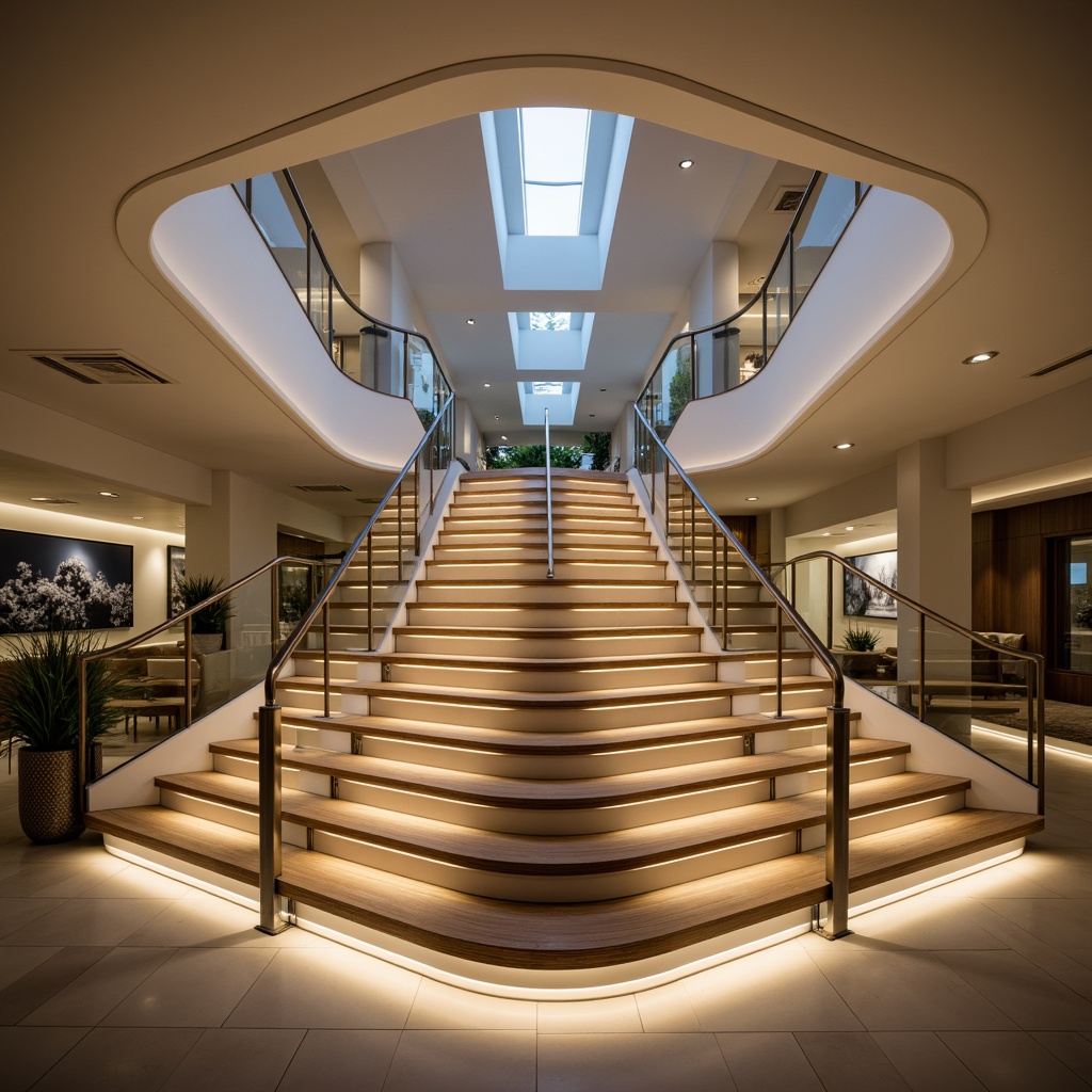 Prompt: Modern minimalist staircase, sleek metal handrails, LED lighting strips, transparent glass balustrades, polished chrome accents, futuristic design, flowing curves, open risers, wooden treads, soft warm ambiance, shallow depth of field, 3/4 composition, realistic reflections, ambient occlusion, luxurious textiles, subtle color palette.