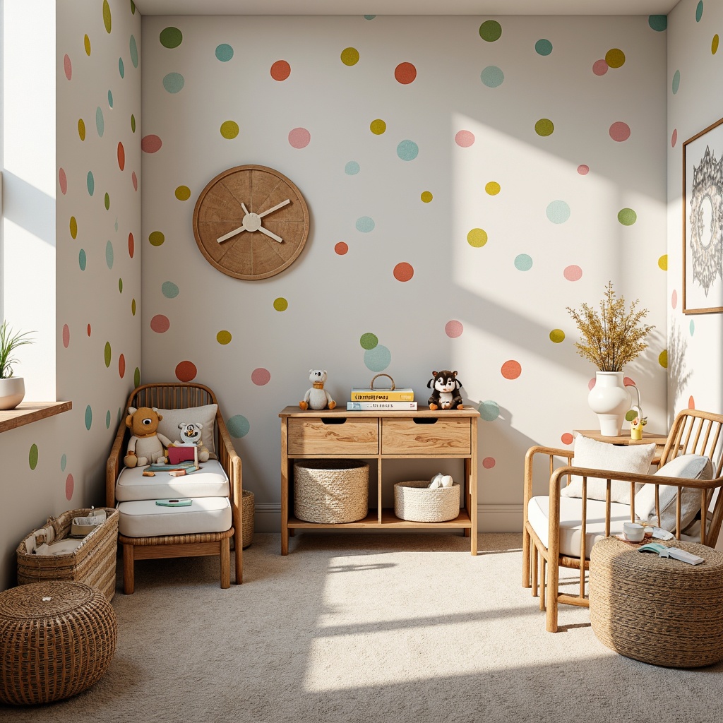 Prompt: Vibrant kids' room, playful wallpaper patterns, soft plush carpeting, chunky woven baskets, distressed wood furniture, creamy white walls, colorful polka dots, whimsical stuffed animals, cozy reading nook, warm task lighting, shallow depth of field, 1/1 composition, realistic textures, ambient occlusion.