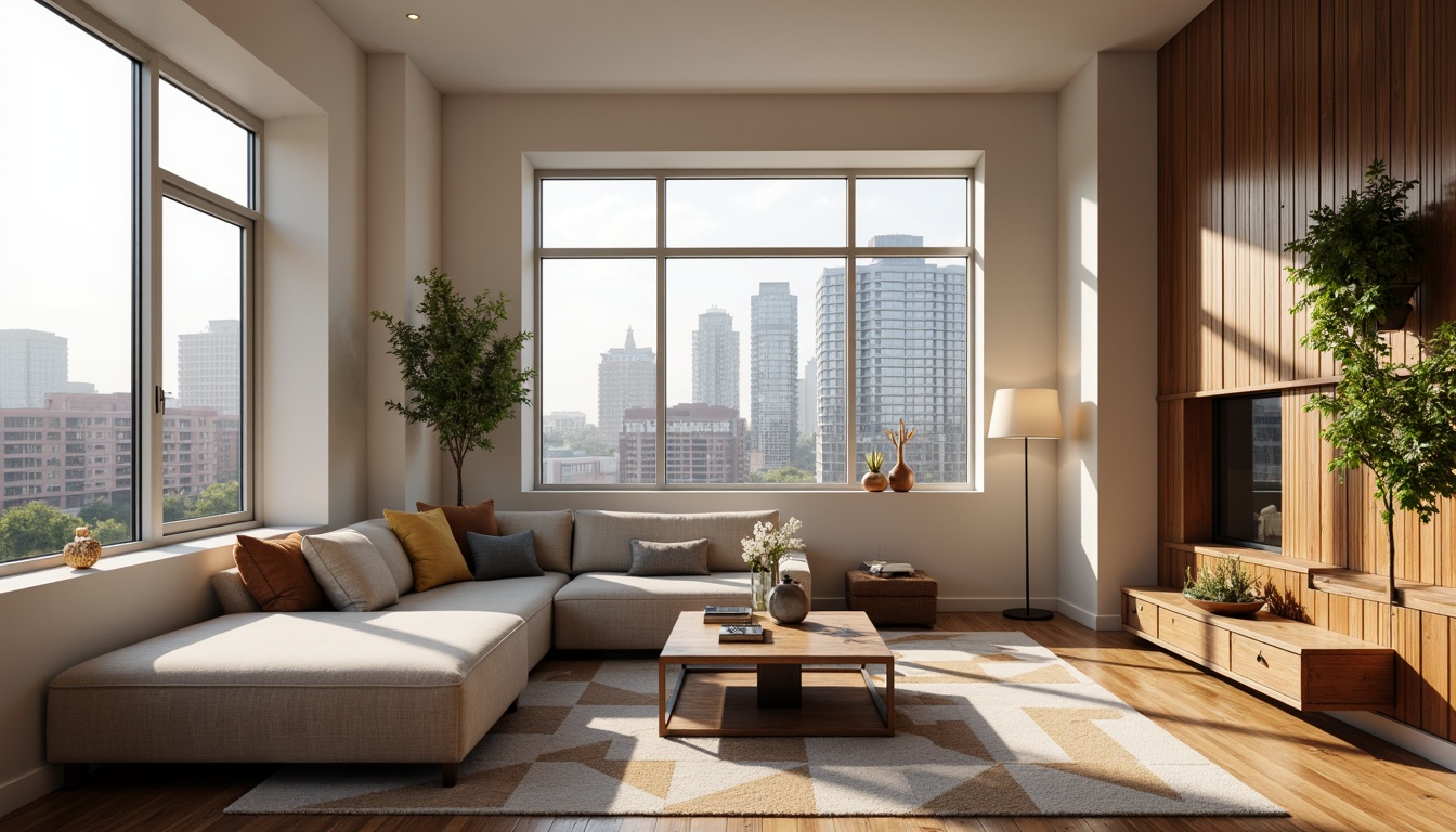 Prompt: Modern living room, sleek sofa, geometric-patterned rug, minimalist coffee table, metal floor lamp, ambient warm lighting, cozy throw pillows, rich wood accents, creamy white walls, large windows, natural daylight, urban city view, 3/4 composition, shallow depth of field, realistic textures.