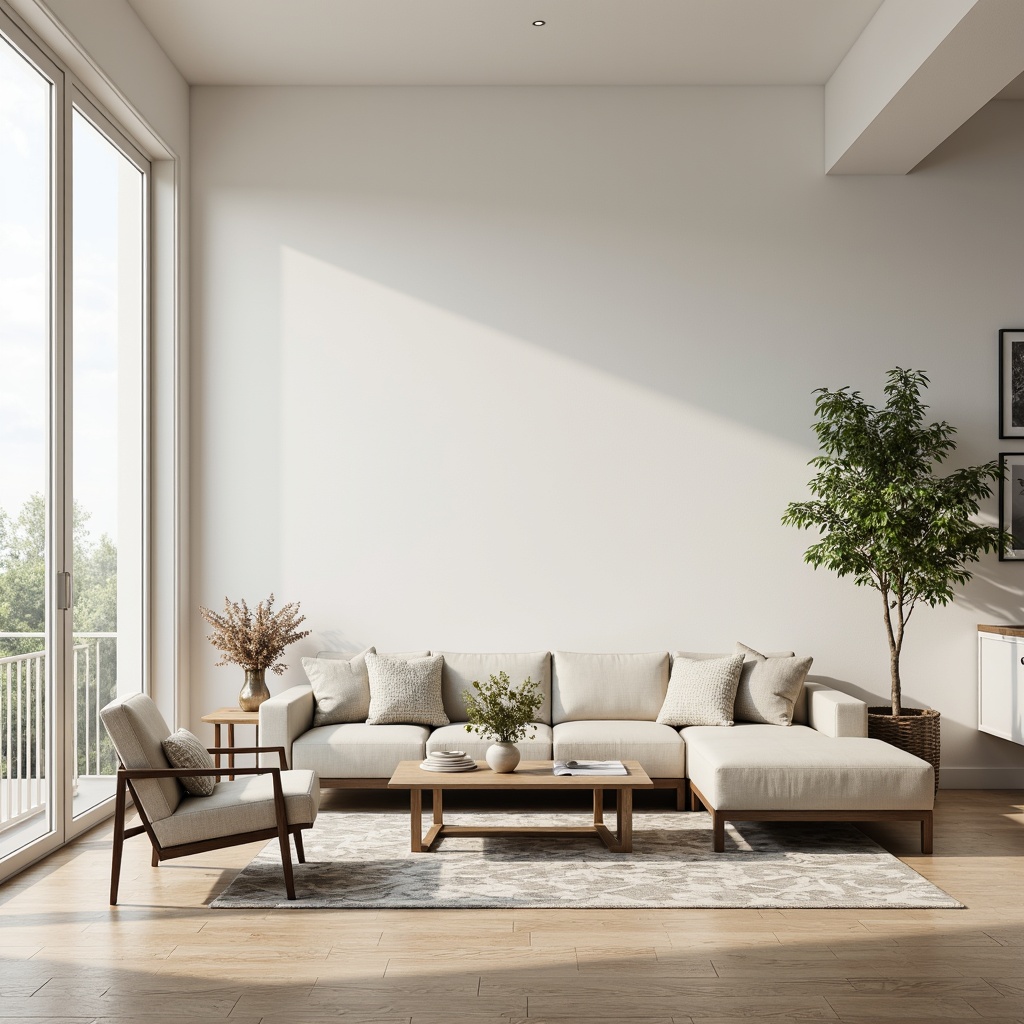 Prompt: Simple living room, low-profile sofa, sleek coffee table, minimalist decor, monochromatic color scheme, natural light pouring in, floor-to-ceiling windows, creamy white walls, polished wood flooring, geometric-patterned rug, modern Scandinavian-inspired design, subtle textures, airy atmosphere, soft diffused lighting, 1/1 composition, shallow depth of field, realistic reflections.