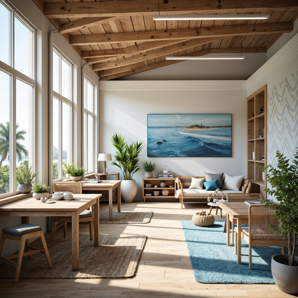 Prompt: Coastal-themed office space, natural wood accents, driftwood furniture, ocean-inspired color palette, calming blues and whites, large windows, abundance of natural light, beachy textiles, woven sea grass, coral-patterned rugs, nautical accessories, decorative shells, potted palms, rustic wooden desks, comfortable ergonomic chairs, collaborative workspaces, modern minimalist decor, subtle wave-patterned walls, soft warm lighting, shallow depth of field, 1/1 composition, panoramic view, realistic textures, ambient occlusion.