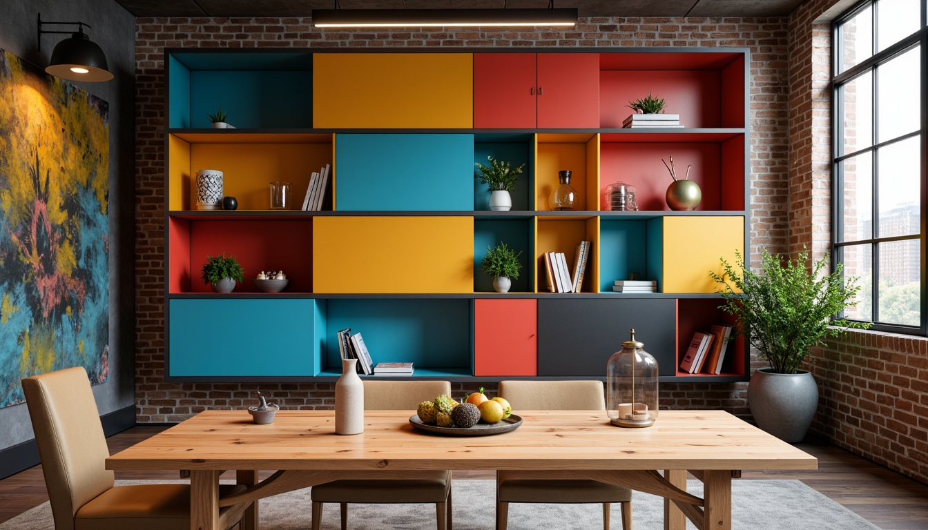 Prompt: Vibrant storage units, bold color accents, sleek metal frames, modern minimalist aesthetic, open shelving systems, geometric patterned containers, contrasting textures, matte finishes, rich wood tones, pops of bright hues, industrial chic vibe, urban loft atmosphere, soft warm lighting, 3/4 composition, realistic reflections, ambient occlusion.