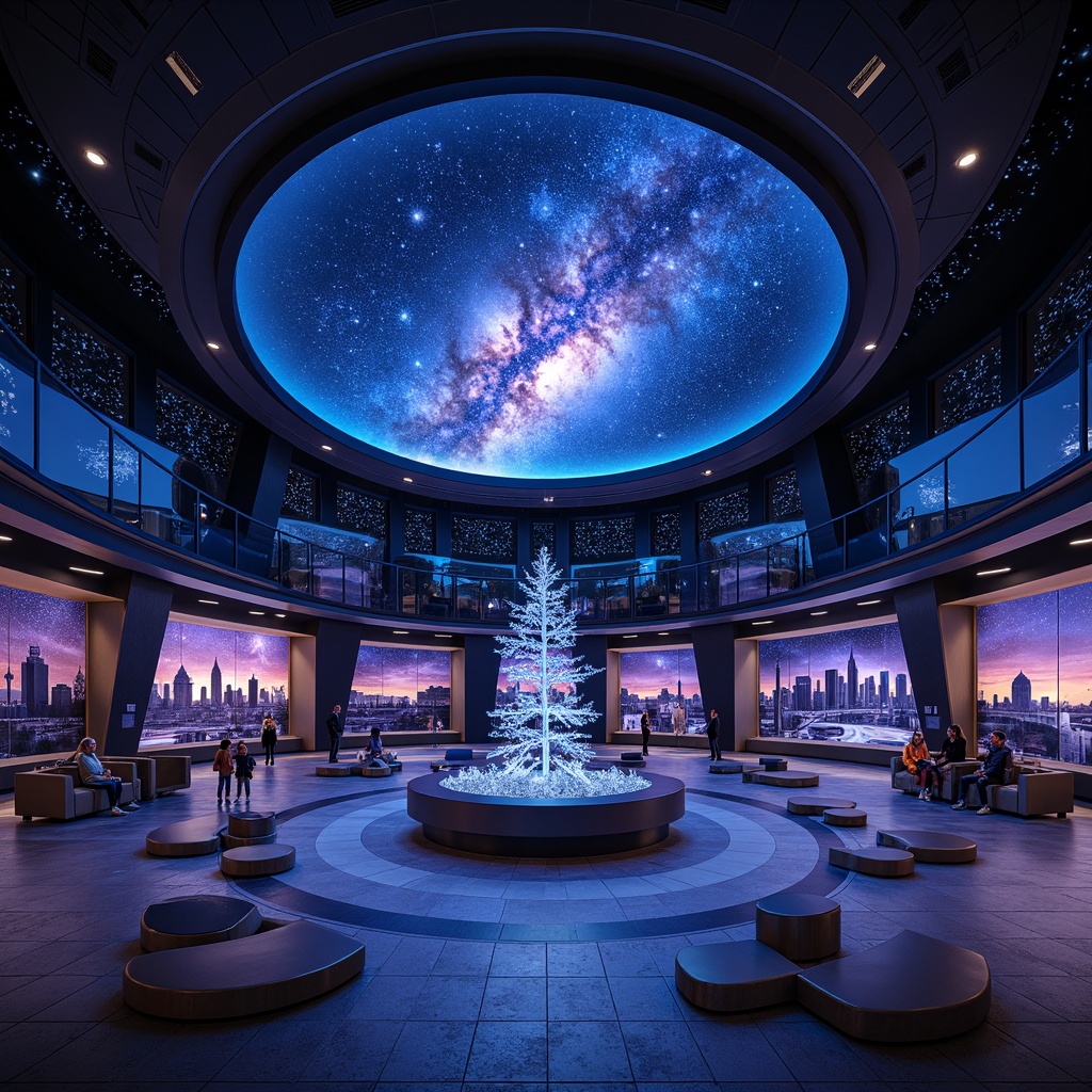 Prompt: Celestial-inspired planetarium, futuristic dome-shaped architecture, sleek metallic surfaces, LED starry night sky projections, immersive 360-degree visuals, interactive astronomical exhibits, virtual reality experiences, minimalist seating areas, dark blue and purple color schemes, ambient soft lighting, surround sound systems, circular walkways, galaxy-patterned flooring, astronomy-themed murals, nebula-inspired chandeliers, space-age decorations, educational interactive displays, stargazing zones, cosmic-inspired sculptures.