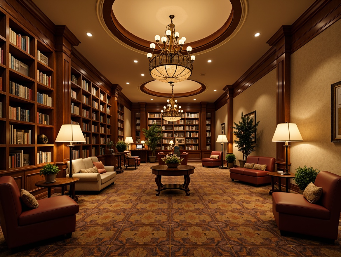 Prompt: Cozy library interior, warm beige walls, rich wood accents, plush carpeting, comfortable reading nooks, elegant chandeliers, soft warm lighting, floor lamps, table lamps, warm color temperature, indirect illumination, layered lighting effects, 1/1 composition, shallow depth of field, realistic textures, ambient occlusion.