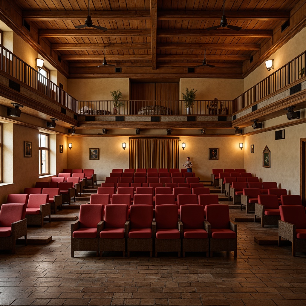 Prompt: Rustic auditorium, wooden accents, earthy tones, warm beige walls, distressed wood floors, vintage lighting fixtures, metal lanterns, natural stone columns, woven textiles, plush crimson seats, ornate wooden balconies, dim softbox lighting, shallow depth of field, 2/3 composition, realistic textures, ambient occlusion, warm golden hour, cozy atmosphere.