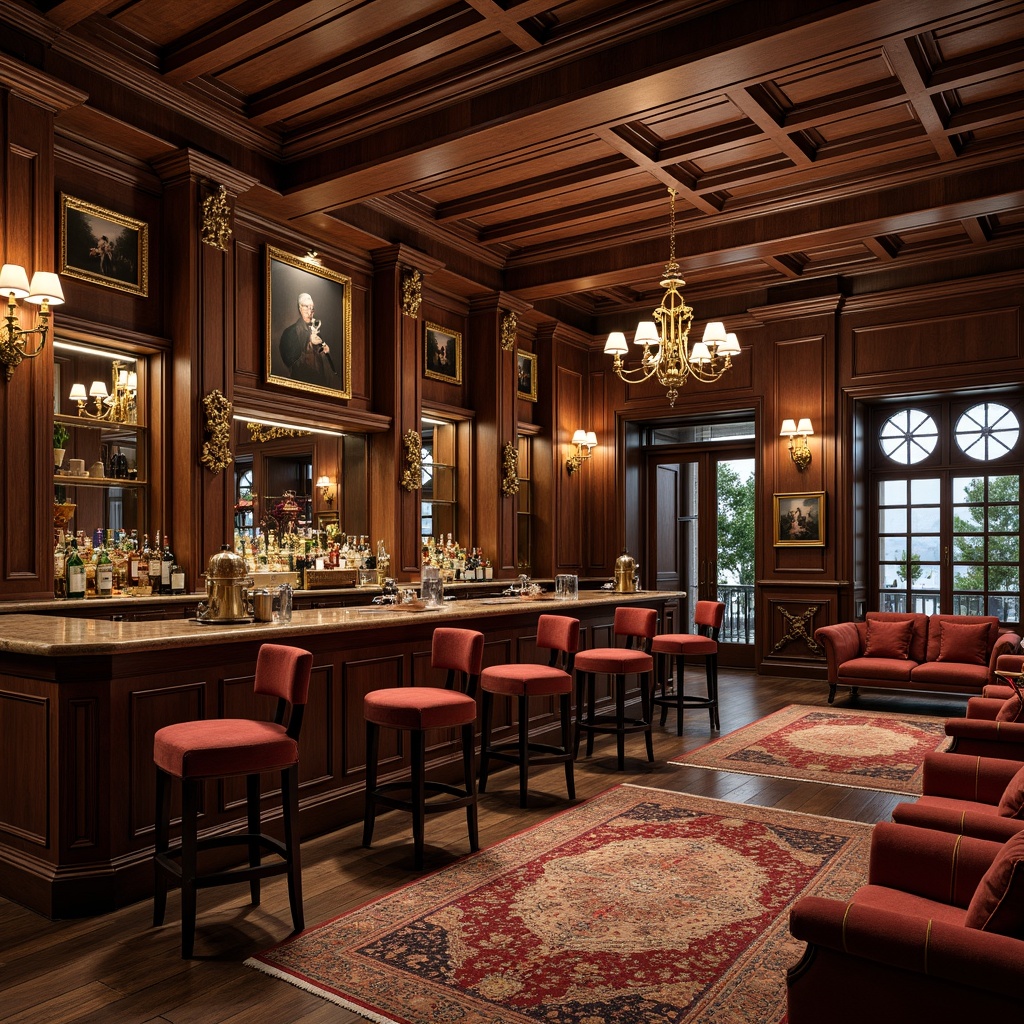 Prompt: Luxurious Victorian bar, rich wood tones, ornate carvings, velvet upholstery, antique fixtures, brass hardware, grand chandeliers, intricately patterned rugs, ornamental mirrors, dark stained wooden floors, plush armchairs, tufted sofas, marble countertops, elegant lighting sconces, decorative moldings, regal color palette, warm ambiance, soft golden lighting, 1/1 composition, realistic textures, ambient occlusion.