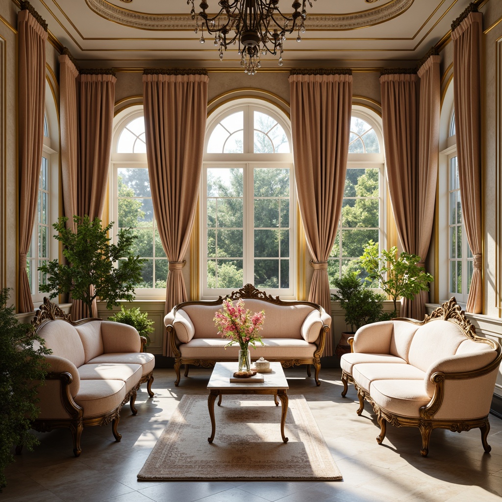 Prompt: \Elegant sunroom, ornate gold frames, lavish velvet drapes, intricately carved wooden furniture, antique bronze hardware, plush silk upholstery, curvaceous lines, soft pastel colors, delicate lace trim, crystal chandeliers, marble floors, natural stone walls, lush greenery, blooming flowers, warm sunny day, soft diffused lighting, shallow depth of field, 1/1 composition, realistic textures, ambient occlusion.\