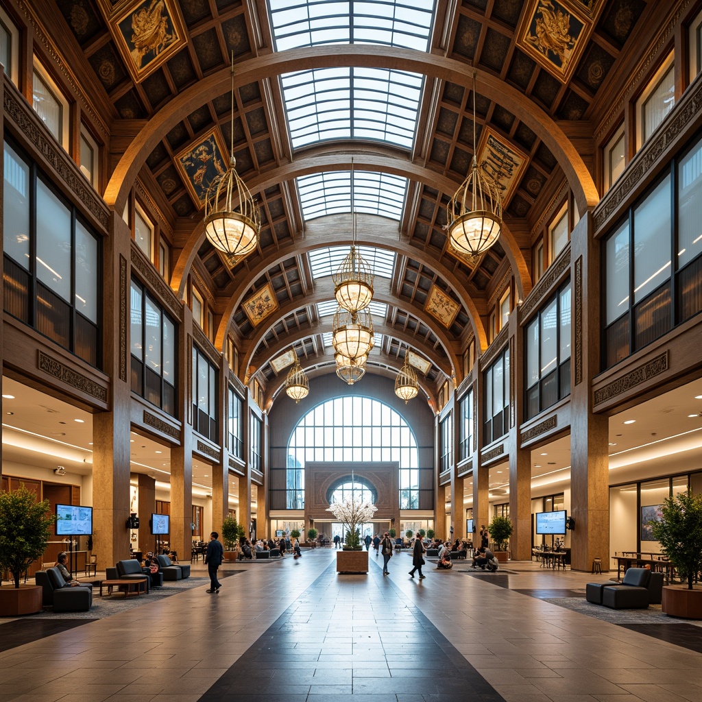 Prompt: Grand airport terminal, high vaulted ceiling, ornate Renaissance-inspired details, gilded accents, intricate moldings, majestic chandeliers, natural stone flooring, sleek modern furniture, airy open spaces, abundant natural light, soft warm illumination, shallow depth of field, 1/1 composition, symmetrical architecture, dramatic arches, soaring columns, elegant curves, luxurious textiles, rich wood tones, refined metallic finishes.