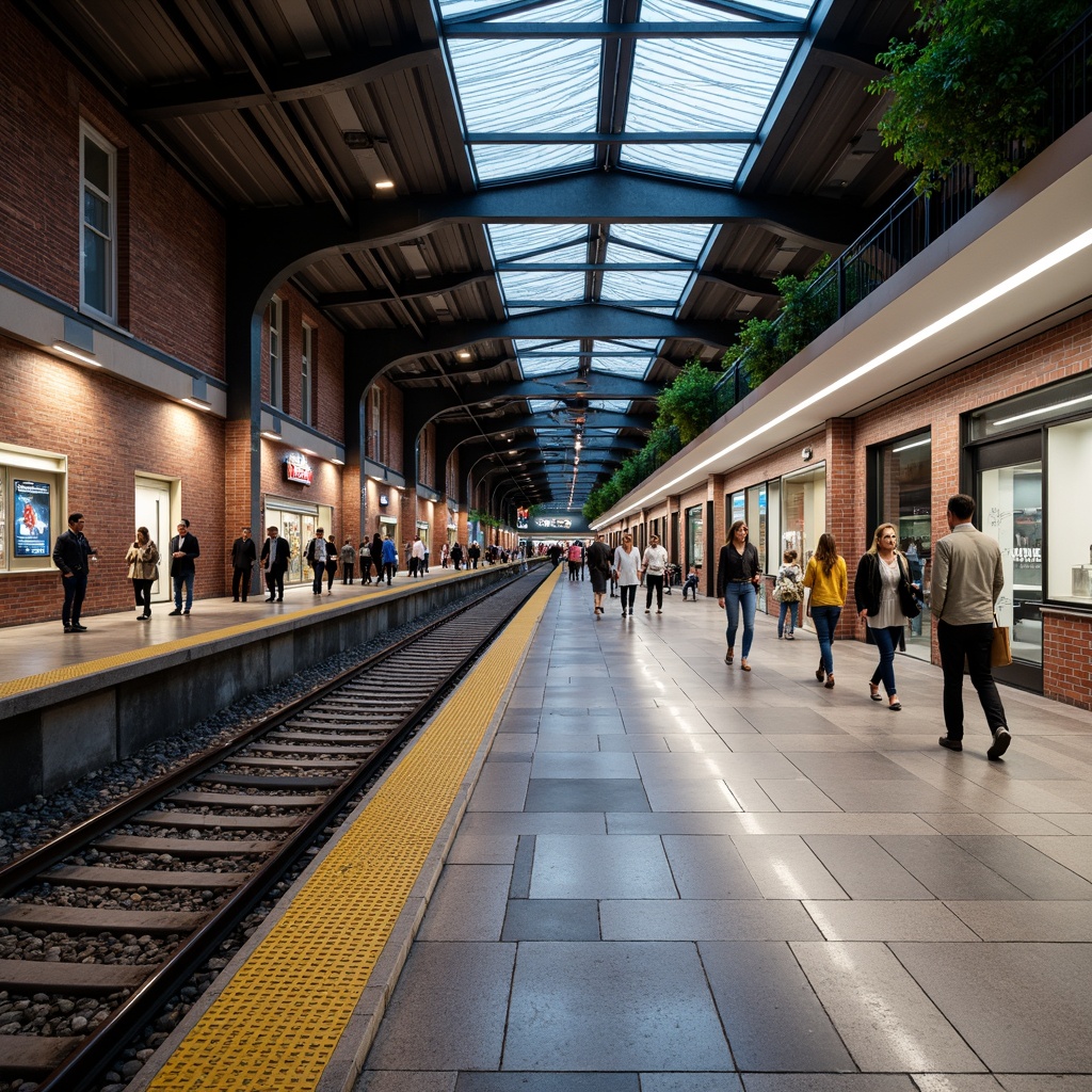 Prompt: Vibrant train station interior, modern flooring design, sleek metal accents, polished concrete surfaces, industrial-style brick walls, urban atmosphere, bustling crowd, natural stone patterns, durable epoxy coatings, textured rubber tiles, illuminated platform edges, stainless steel handrails, futuristic LED lighting, high-traffic commercial spaces, acoustic sound absorption, noise-reducing materials, ergonomic seating areas, integrated wayfinding systems, dynamic visual displays, 1/1 composition, shallow depth of field, realistic reflections.