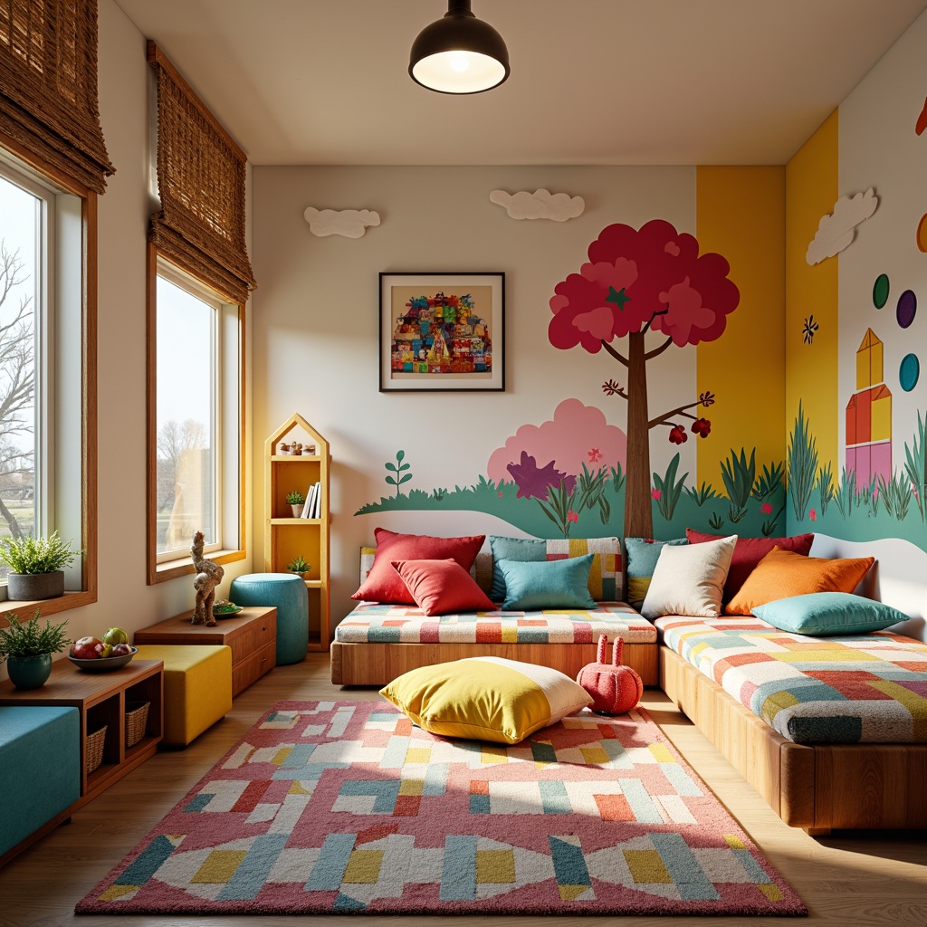 Prompt: Whimsical kids' room, playful postmodern furniture, bold bright colors, irregular shapes, eclectic patterns, mixed materials, wooden accents, plastic components, cozy reading nooks, oversized pillows, funky lighting fixtures, abstract artwork, geometric rugs, wall decals, colorful storage bins, interactive shelves, fantasy-inspired decorations, dreamy ambiance, soft warm glow, shallow depth of field, 1/1 composition, realistic textures, ambient occlusion.