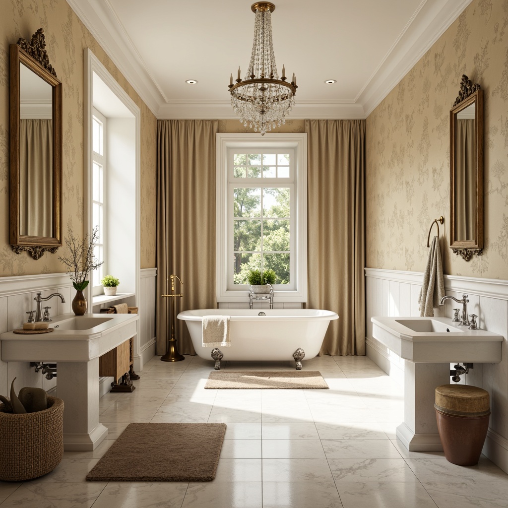 Prompt: Elegant bathroom, marble countertops, white Carrara tiles, polished chrome fixtures, ornate mirrors, crystal chandeliers, soft creamy lighting, warm beige walls, classic pedestal sinks, freestanding tubs, tufted velvet rugs, natural stone flooring, subtle patterned wallpaper, luxurious fabrics, antique bronze accents, refined minimalist decor, serene ambiance, 1/1 composition, shallow depth of field, soft focus effect.