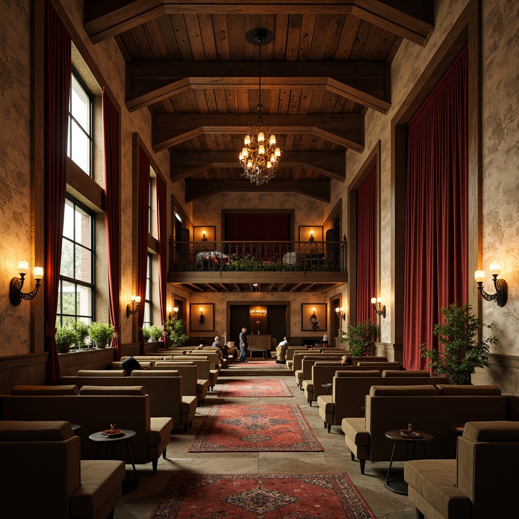 Prompt: Earthy tone auditorium, wooden accents, vintage metal fixtures, distressed stone walls, warm candlelight, rich velvet curtains, reclaimed wood flooring, comfortable seating areas, natural fabrics, earthy color palette, mossy greens, weathered woods, rusty reds, soft golden lighting, shallow depth of field, 1/1 composition, realistic textures, ambient occlusion.