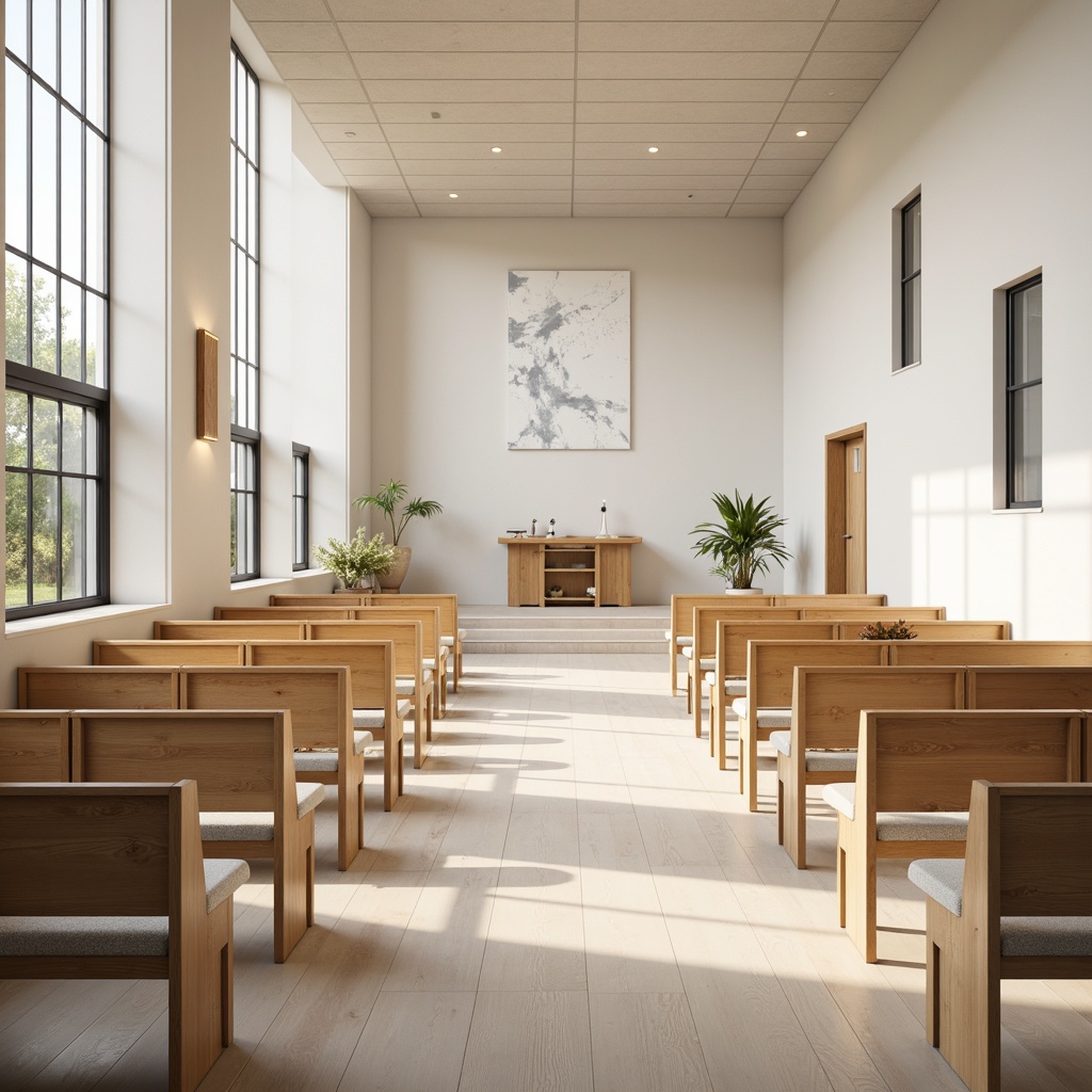 Prompt: Light-filled Scandinavian church interior, minimalist pews, natural wood accents, simplistic altarpieces, functional furniture pieces, ergonomic seating, soft cushions, pale wooden floors, creamy white walls, large windows, subtle lighting, atmospheric ambiance, Nordic-inspired decor, cozy textiles, warm color palette, inviting worship space, calm atmosphere, shallow depth of field, 1/1 composition, realistic textures.