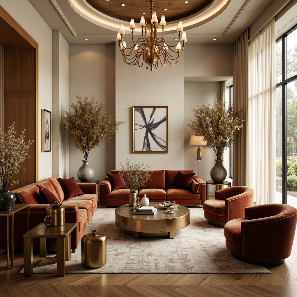 Prompt: Luxurious living room, bronze accent furniture, velvet upholstery, tufted cushions, ornate coffee tables, metallic sheen, warm golden lighting, rich wood flooring, creamy marble walls, statement chandeliers, elegant vases, abstract art pieces, floor-to-ceiling windows, soft natural textures, shallow depth of field, 2/3 composition, atmospheric perspective, realistic reflections.