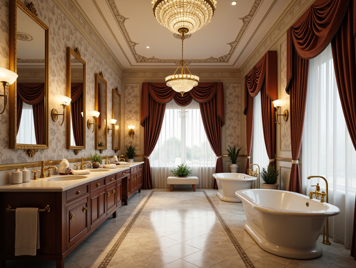 Prompt: Luxurious bathroom, ornate mirrors, crystal chandeliers, marble countertops, porcelain sinks, golden faucets, velvet drapes, intricately carved wooden cabinets, ornamental cornices, sculpted ceiling medallions, richly textured wallpapers, elegant freestanding tubs, classic pedestal sinks, decorative floor tiles, subtle ambient lighting, warm beige color palette, soft focus, shallow depth of field, 1/1 composition, realistic reflections, high-dynamic-range rendering.