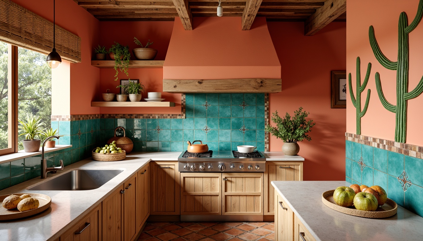 Prompt: \Vibrant Southwestern kitchen, turquoise backsplash, terracotta tiles, geometric patterns, warm beige cabinets, rustic wooden accents, earthy color palette, natural stone countertops, decorative tile inserts, bold red and orange hues, textured glass elements, modern farmhouse sink, pendant lighting fixtures, desert botanicals, cactus silhouettes, warm ambient lighting, shallow depth of field, 1/2 composition, realistic textures, ambient occlusion.\