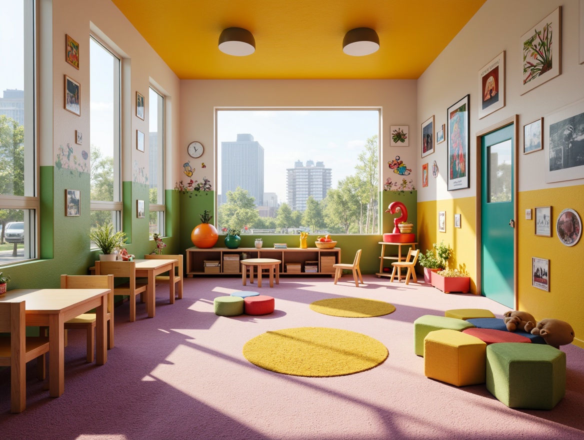 Prompt: Vibrant kindergarten interior, playful color scheme, soft carpet flooring, rounded wooden furniture, child-sized tables and chairs, whimsical wall murals, educational posters, natural light pouring in, large windows, cozy reading nooks, plush area rugs, textured fabric walls, easy-to-clean surfaces, eco-friendly materials, minimal decor, simple shapes, gentle lighting, warm atmosphere, stimulating play equipment, sensory exploration areas, collaborative learning spaces.