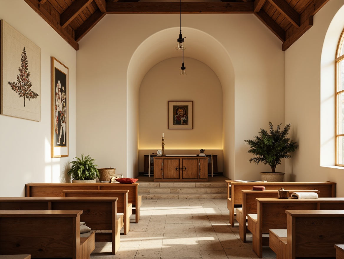 Prompt: Warm Nordic light, wooden pews, minimalist altar, cream-colored walls, natural stone flooring, woven tapestries, traditional Norwegian patterns, intricate embroidery, soft cushioning, gentle color palette, cozy atmosphere, subtle texture contrasts, warm wood accents, candlelight illumination, shallow depth of field, 1/2 composition, intimate interior view, realistic fabric textures, ambient occlusion.