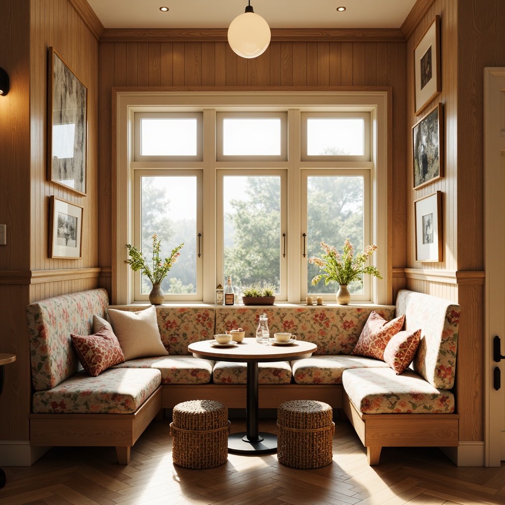 Prompt: Cozy breakfast nook, warm lighting, natural wood tones, plush cushions, curved banquettes, built-in benches, soft pastel colors, vintage decorative accents, rustic metal frames, woven wicker chairs, comfortable ottomans, circular tables, pedestal bases, floral patterned upholstery, sunny morning ambiance, 1/1 composition, soft focus effect.