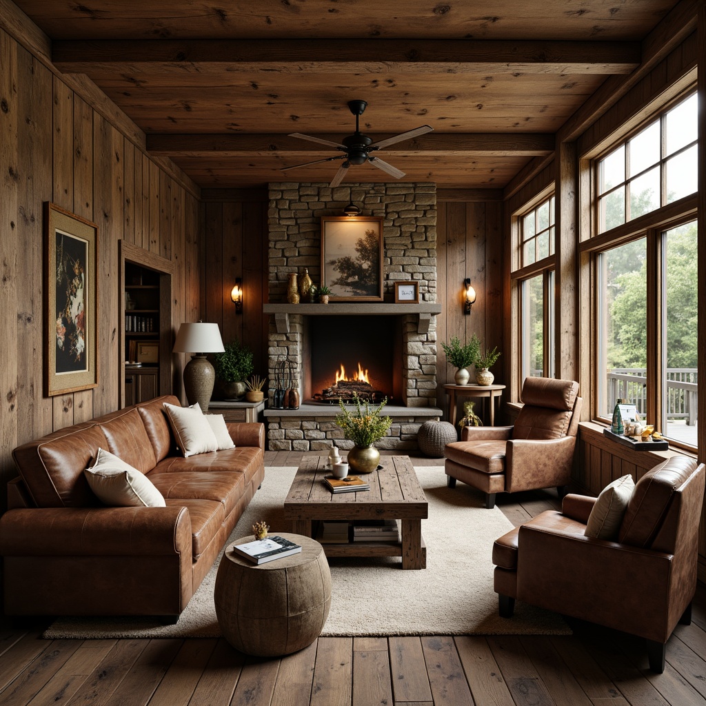 Prompt: Rustic wooden furniture, distressed finishes, natural textures, earthy color palette, vintage metal accents, worn leather upholstery, reclaimed wood coffee tables, plush area rugs, stone fireplace surrounds, cozy cabin ambiance, warm candlelight, shallow depth of field, 1/1 composition, soft focus effect, realistic wood grain textures.