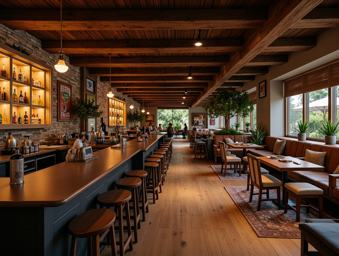 Prompt: Cozy home bar, rich wood tones, warm ambient lighting, comfortable stools, sleek countertops, wine bottle displays, metallic beer taps, rustic stone walls, vintage signs, intimate seating areas, lush greenery, soft cushions, natural textures, 3/4 composition, shallow depth of field, warm color palette.