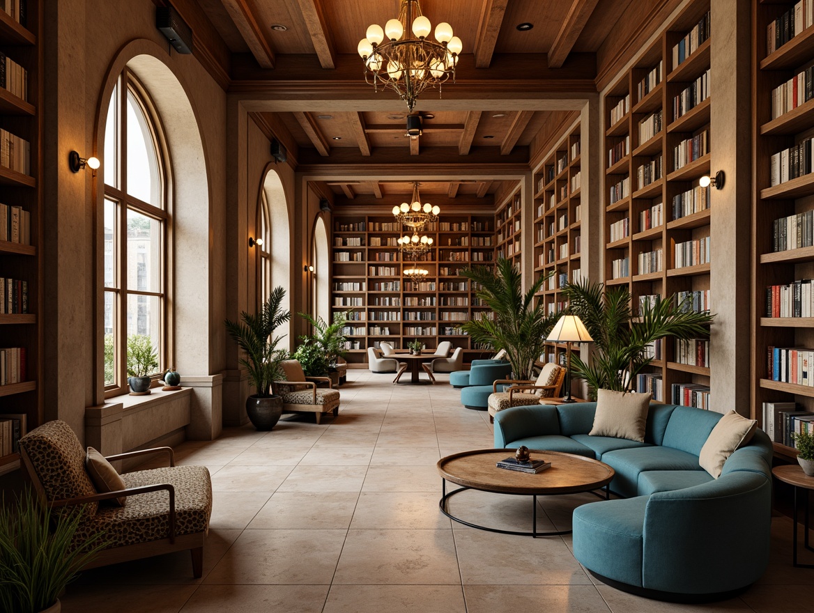 Prompt: Cozy library atmosphere, warm earthy tones, rich wood accents, comfortable reading nooks, plush armchairs, soft golden lighting, calming blue hues, neutral beige walls, vibrant book spines, natural stone flooring, elegant chandeliers, sophisticated architectural details, peaceful quiet ambiance, 1/1 composition, soft focus, realistic textures, ambient occlusion.