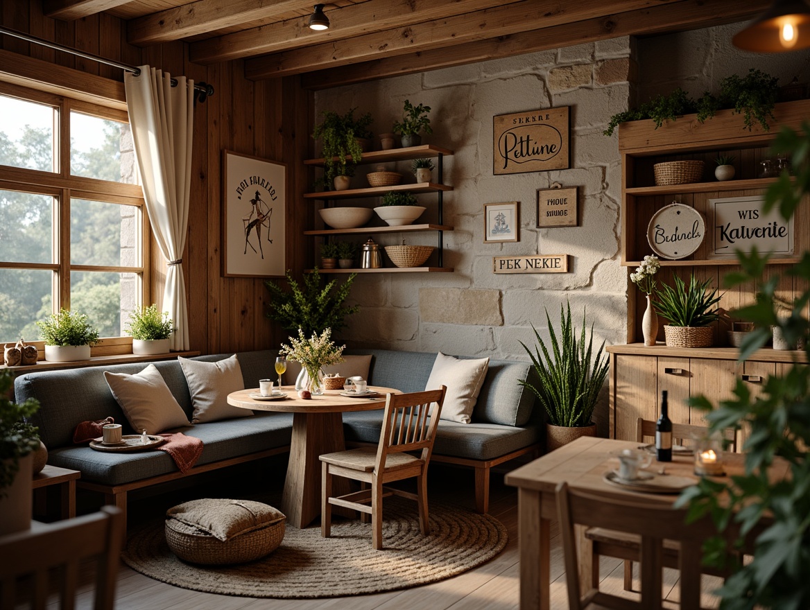 Prompt: Cozy breakfast nook, rustic wooden accents, distressed finishes, natural stone walls, earthy color palette, warm candlelight, vintage metal signs, woven baskets, plush throw blankets, farmhouse-style furniture, reclaimed wood shelves, greenery-filled planters, soft morning light, shallow depth of field, 1/2 composition, intimate atmosphere.