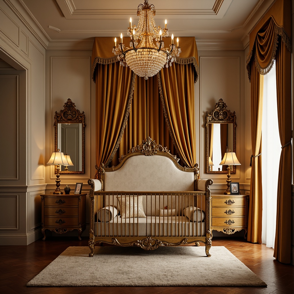 Prompt: Opulent baby crib, golden accents, velvet drapes, crystal chandelier, soft warm candlelight, gentle lamp glow, ornate mirrors, intricate wood carvings, plush area rugs, richly textured fabrics, delicate lace trimmings, subtle sheen on furniture, warm beige walls, creamy white ceiling, luxurious floor-to-ceiling curtains, dramatic uplighting, subtle sidelighting, 1/2 composition, shallow depth of field, soft focus, warm color palette.