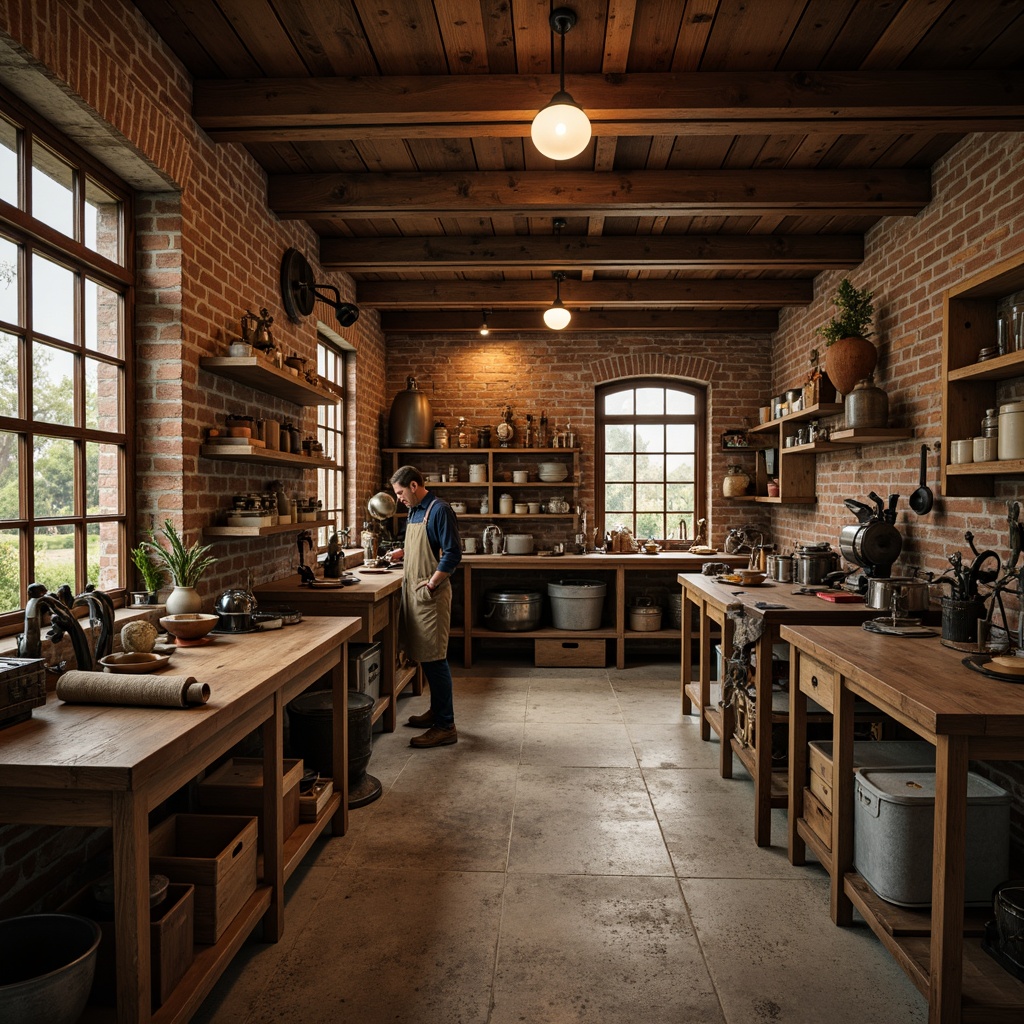 Prompt: Rustic family garage, wooden workbench, distressed metal tools, vintage machinery, earthy color palette, natural stone flooring, reclaimed wood accents, industrial lighting fixtures, exposed brick walls, wooden crates, rusty gears, leather-bound tool rolls, worn denim aprons, warm golden lighting, shallow depth of field, 1/1 composition, realistic textures, ambient occlusion.