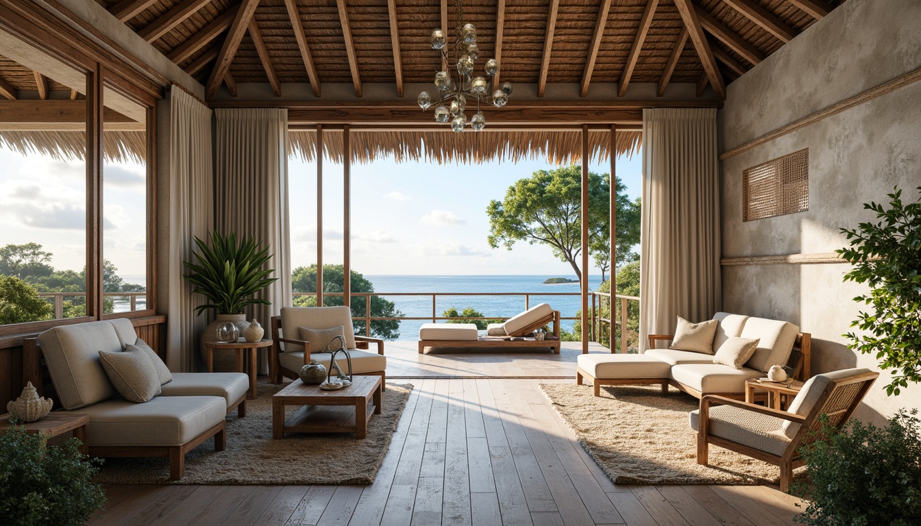 Prompt: Seaside villa, driftwood accents, coral-inspired patterns, ocean-blue hues, sandy textured walls, natural woven fibers, nautical ropes, distressed wooden floors, vintage anchors, sea-glass chandeliers, shells, starfish, pebbles, tropical plants, soft warm lighting, shallow depth of field, 3/4 composition, panoramic view, realistic textures, ambient occlusion.