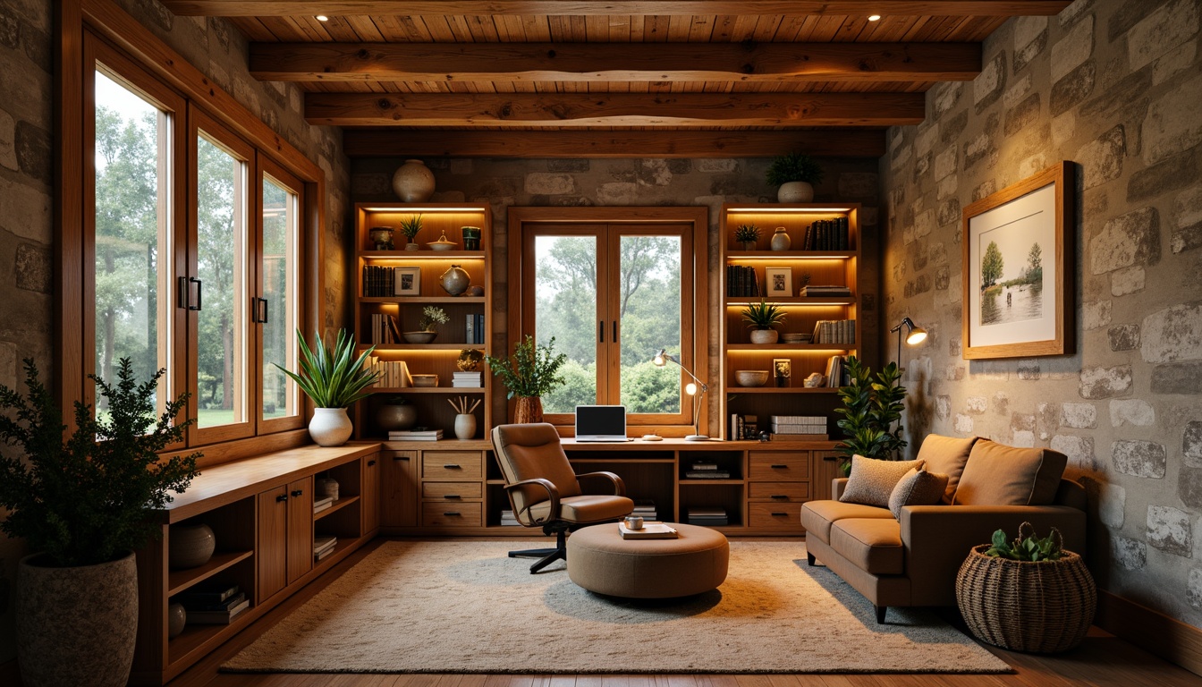 Prompt: Cozy home office, vernacular style, warm wooden furniture, earthy color palette, natural textiles, rustic metal accents, soft warm lighting, table lamps, floor lamps, pendant lights, LED strip lights, under-cabinet lighting, layered lighting, ambient glow, cozy reading nook, comfortable workspace, wooden desk, ergonomic chair, green plants, bookshelves, framed artwork, natural stone walls, earthy ceramics, warm beige carpeting, soft diffused light, 1/1 composition, realistic textures, subtle shadows.