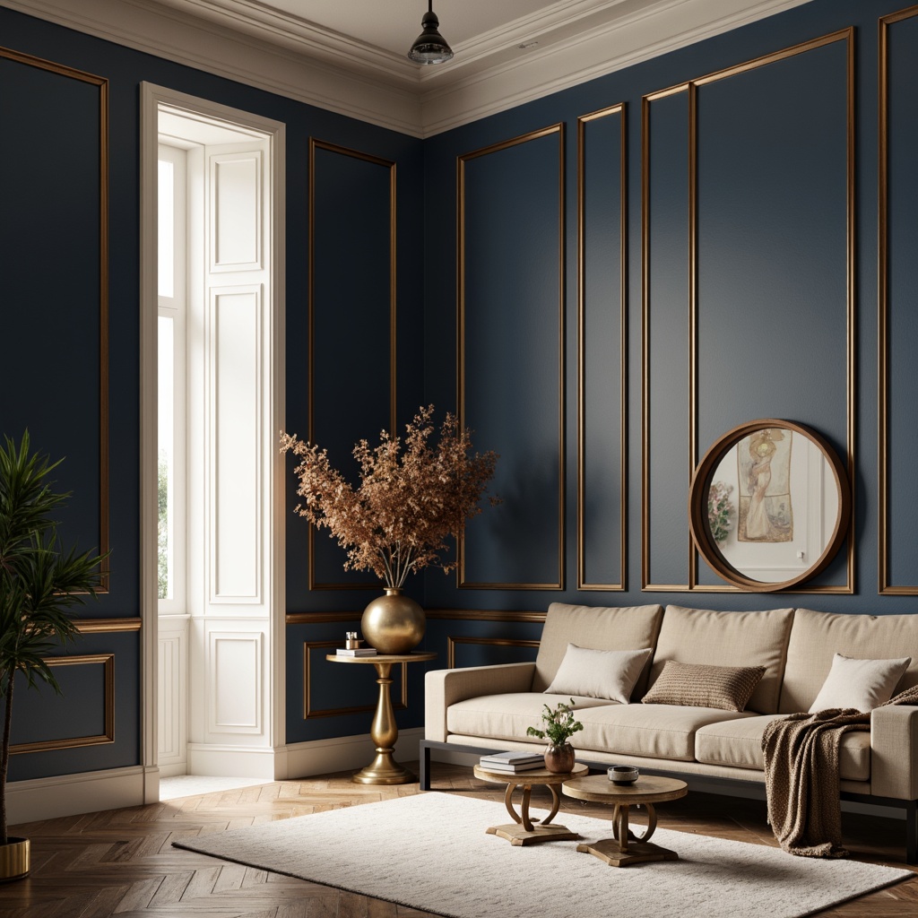 Prompt: Navy blue accent walls, creamy white trim, warm beige furniture, rich wood textures, soft gold lighting, luxurious velvet fabrics, ornate metal fixtures, sophisticated modern architecture, sleek lines, minimal ornamentation, calming atmosphere, natural light pouring in, 1/2 composition, shallow depth of field, realistic renderings, ambient occlusion.