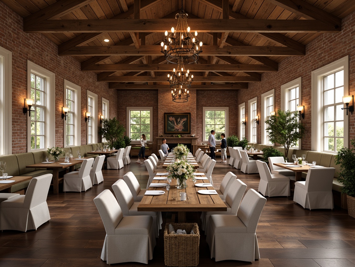 Prompt: Rustic farmhouse dining hall, wooden beams, vintage chandeliers, distressed wood tables, comfortable plush armchairs, natural linen upholstery, earthy tone color scheme, brick walls, large windows, soft warm lighting, cozy atmosphere, family gathering setting, classic country decor, antique furniture pieces, woven baskets, potted greenery, farmhouse-style accessories, relaxed seating arrangement, casual dinner parties, lazy Sunday brunches.