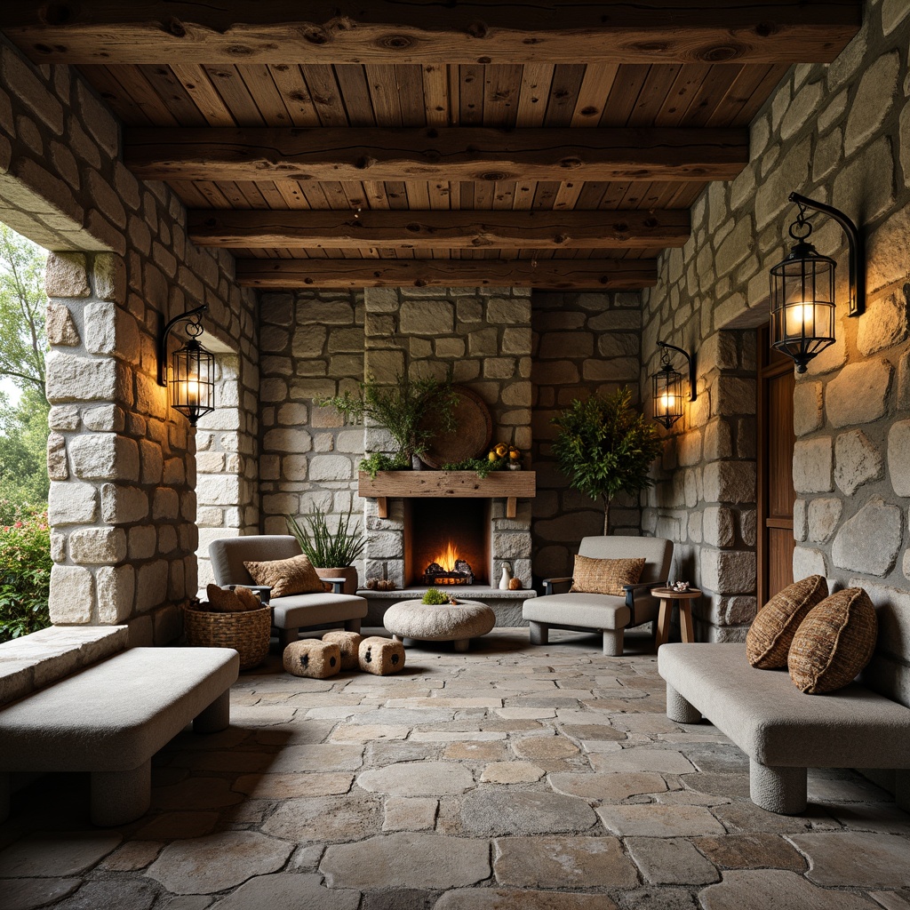 Prompt: Rustic stone walls, natural rock formations, earthy color palette, organic textures, rugged boulders, weathered stone benches, moss-covered accents, wooden beam ceilings, vintage metal lanterns, distressed wood furniture, cozy fireplaces, warm ambient lighting, shallow depth of field, 1/1 composition, realistic stone patterns, atmospheric mist.