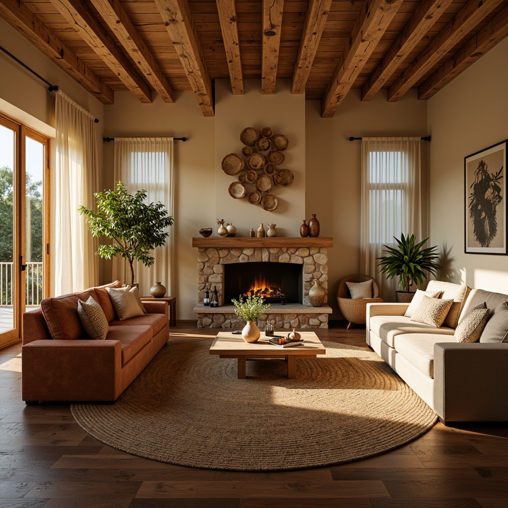 Prompt: Cozy living room, warm beige walls, rich walnut wood furniture, plush velvet sofas, soft golden lighting, delicate cream-colored curtains, natural stone fireplace, woven jute rugs, earthy terracotta vases, vibrant greenery, rustic wooden accents, inviting aromas, comfortable seating areas, intimate ambiance, 1/2 composition, warm color harmony, realistic textures.