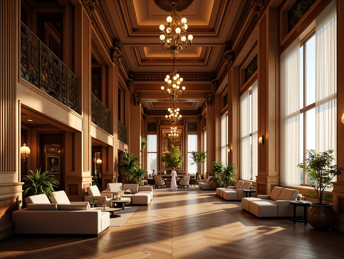 Prompt: Elegant great room, high ceilings, ornate chandeliers, warm golden lighting, rich wood paneling, comfortable seating areas, lavish furnishings, intricate architectural details, soft warm glow, natural light pouring in, floor-to-ceiling windows, sheer curtains, subtle shadows, 1/1 composition, realistic textures, ambient occlusion.