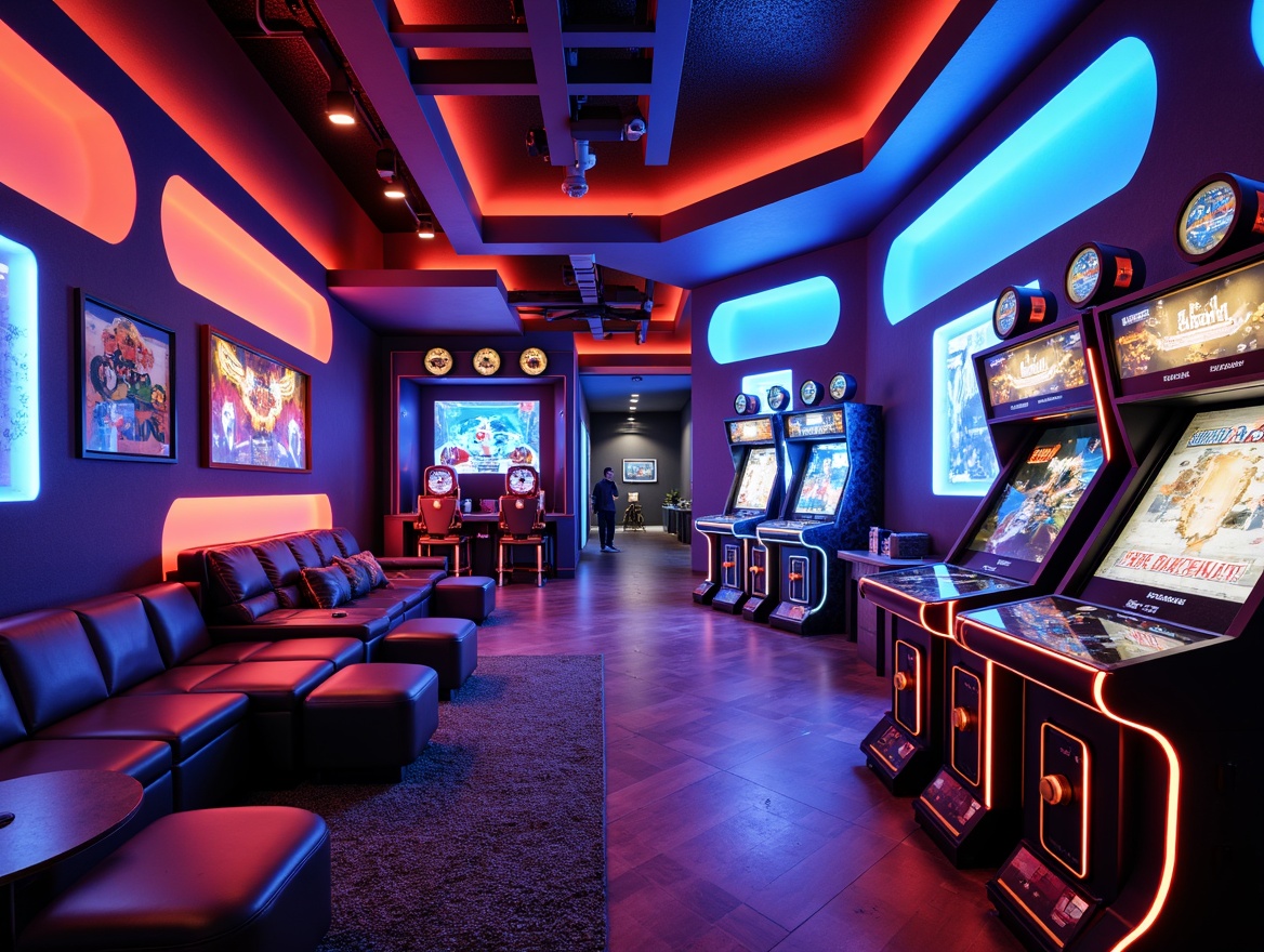 Prompt: Vibrant game room, neon-lit arcade machines, bold geometric shapes, energetic color scheme, bright primary colors, deep blues and reds, metallic accents, sleek futuristic design, high-tech gadgets, virtual reality stations, cozy lounging areas, plush carpets, ambient soft lighting, dramatic spotlights, cinematic sound systems.