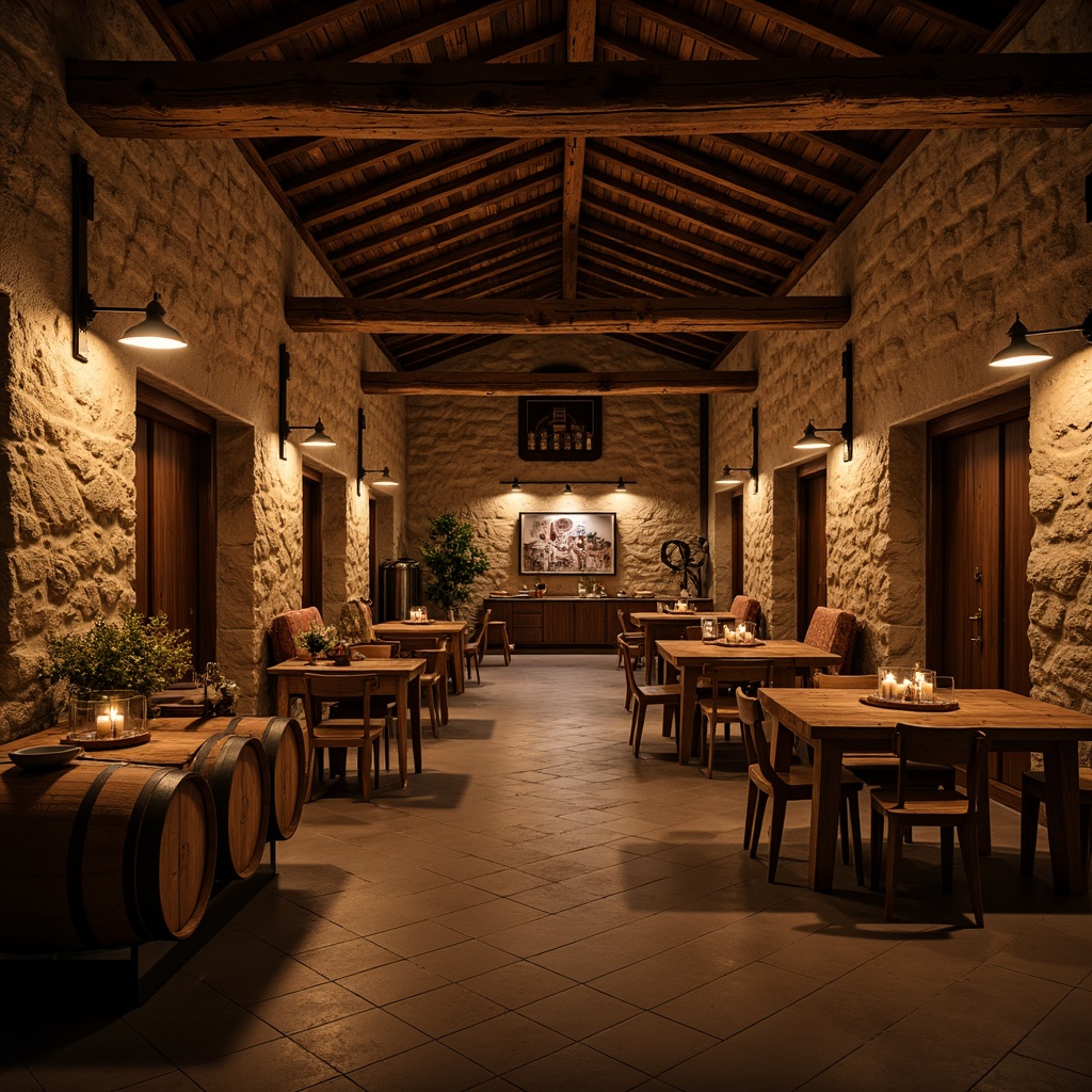 Prompt: Rustic winery setting, dim warm lighting, wooden barrel accents, vintage wine-making equipment, earthy tones, stone walls, wooden beams, metal lanterns, soft candlelight, LED tape lights, warm color temperature, high ceiling, open space, modern minimalist fixtures, industrial chic decor, reclaimed wood furniture, cozy nooks, intimate atmosphere, dramatic shadows, 1/1 composition, low-key lighting, realistic textures, ambient occlusion.