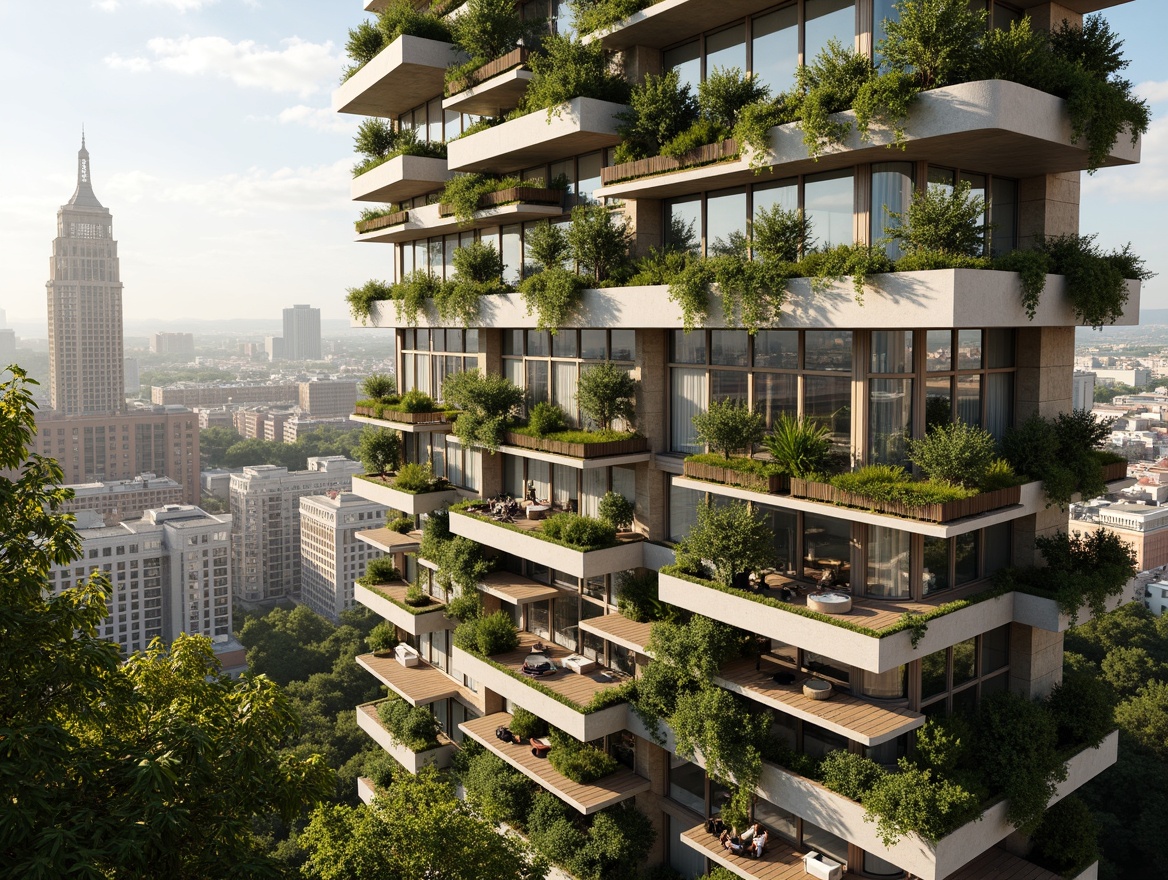 Prompt: Eco-friendly skyscraper, green roofs, living walls, solar panels, wind turbines, rainwater harvesting systems, recycled metal frames, low-carbon concrete, FSC-certified wood, bamboo flooring, natural stone cladding, energy-efficient glazing, double-glazed windows, insulated walls, minimalist interior design, reclaimed wood accents, organic textures, earthy color palette, abundant natural light, soft warm lighting, shallow depth of field, 3/4 composition, panoramic view, realistic renderings.