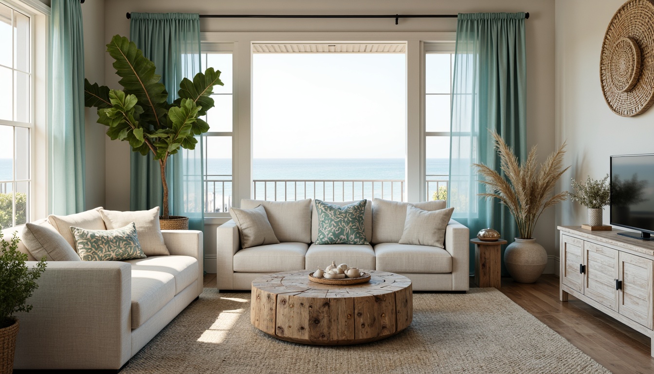 Prompt: Coastal living room ambiance, ocean-inspired textiles, soft blue and green hues, natural fibers, woven sea grass patterns, driftwood accents, coral reef-inspired prints, subtle shell embellishments, linen fabrics, billowy curtains, sheer drapery, beachy keystone architecture, reclaimed wood furniture, weathered metal decor, nautical rope details, calming color palette, warm sandy tones, misty morning light, shallow depth of field, 1/2 composition, soft focus, realistic textures, ambient occlusion.