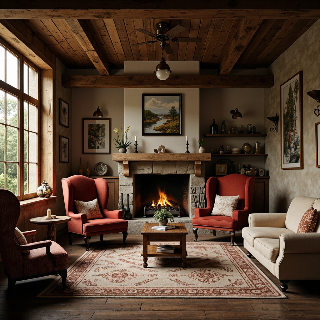 Prompt: Rustic farmhouse interior, vintage Art Deco accents, distressed wood furniture, ornate metalwork, velvet upholstery, geometric patterned rugs, antique fixtures, natural stone fireplaces, earthy color palette, warm candlelight, shallow depth of field, 1/1 composition, soft focus, realistic textures, ambient occlusion.