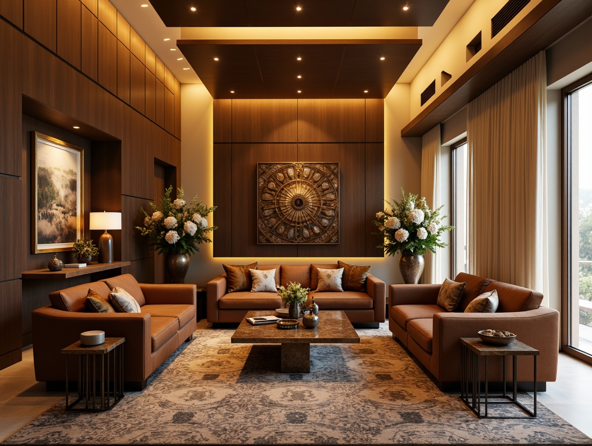 Prompt: Luxurious living room, bronze accent walls, rich brown leather sofas, velvet armchairs, ornate bronze coffee tables, intricately patterned rugs, warm golden lighting, sophisticated furniture arrangement, 3/4 composition, shallow depth of field, elegant bronze vases, lavish flower arrangements, soft cream-colored curtains, refined interior design, modern minimalist decor.