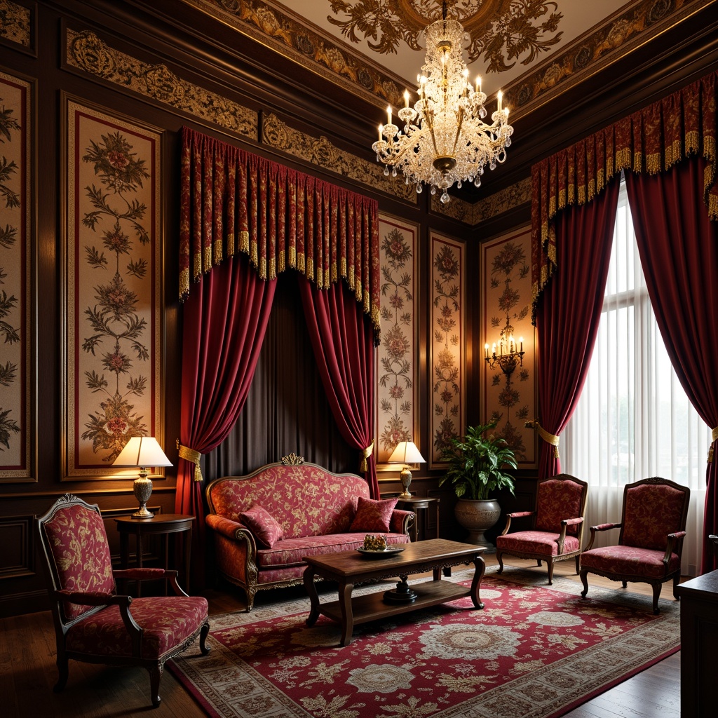 Prompt: Richly patterned velvet fabrics, ornate gold embroidery, luxurious silk drapes, intricately carved wooden furniture, opulent crystal chandeliers, vintage floral wallpapers, heavy layered curtains, plush area rugs, intricately designed tapestries, lavish satin upholstery, refined lace trims, warm gas lighting, dimly lit atmosphere, 1/1 composition, shallow depth of field, realistic textures, ambient occlusion.