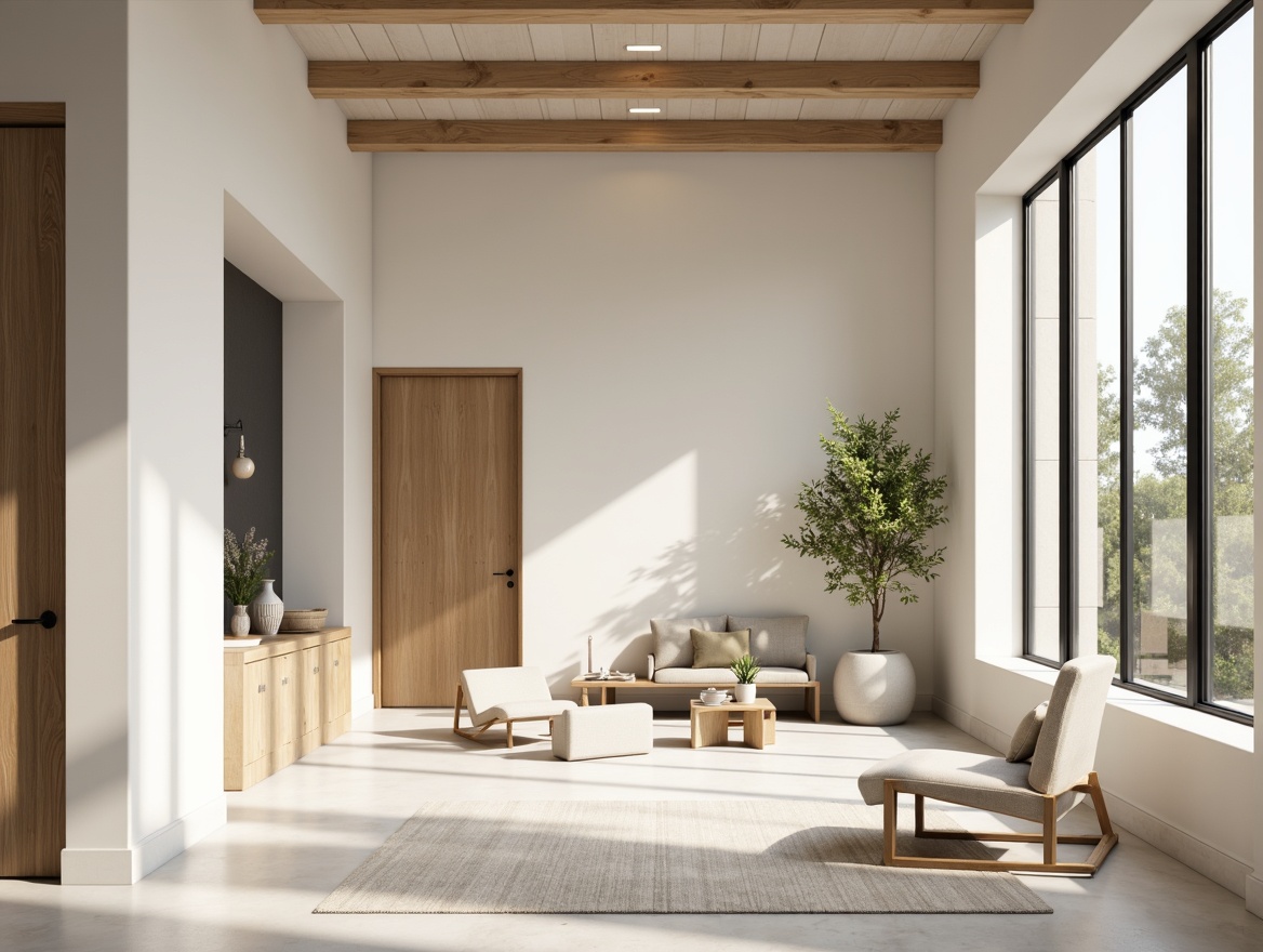 Prompt: Monochromatic interior, soft creamy whites, warm beige tones, calming gray hues, subtle taupe accents, natural wood textures, matte black frames, sleek metal details, minimalist decor, empty space, plenty of natural light, diffused shadows, 1/1 composition, shallow depth of field, realistic renderings, ambient occlusion.